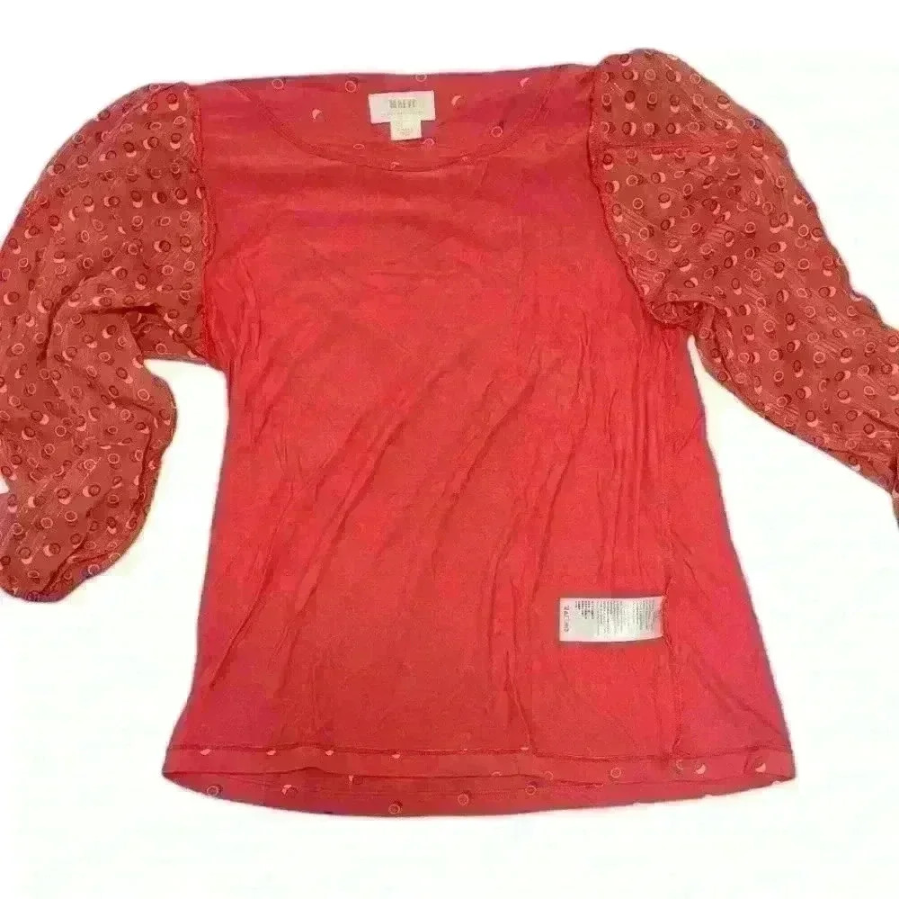Maeve by Anthropologie Red Puffy Sleeve Tie Neck Top Size Small - Picture 11 of 15